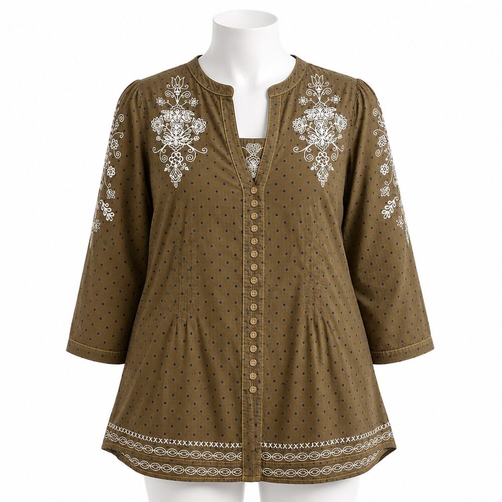 3J Workshop Johnny Was Tunic Size M Olive Green Floral Embroidery Star Print Top